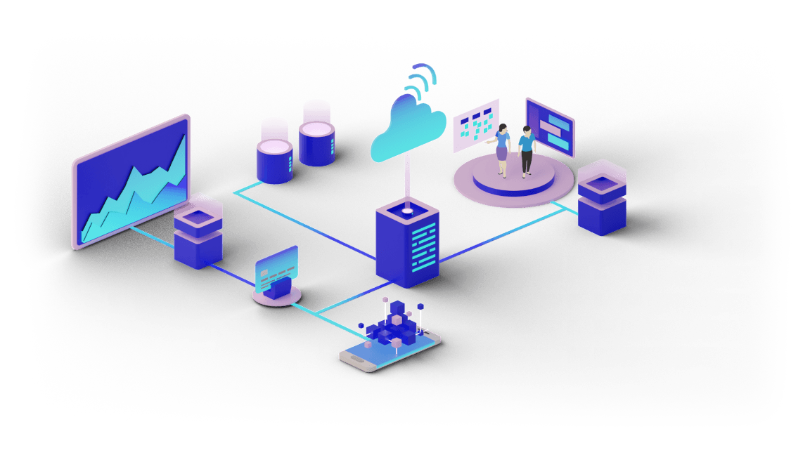 Isometric nodes related to services including strategy, building, management and education. 