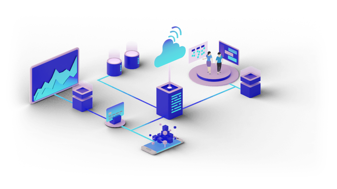 Isometric nodes related to services including strategy, building, management and education.